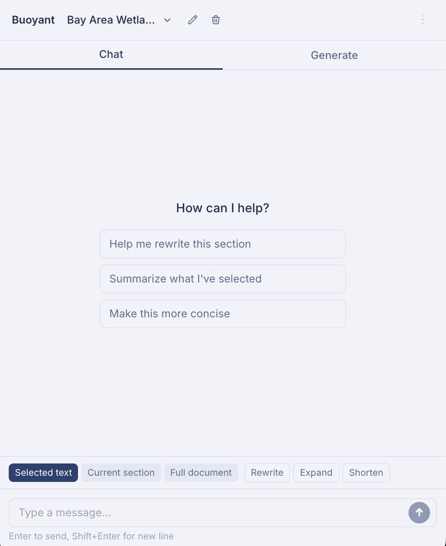 Buoyant AI assistant helping rewrite and refine proposal sections