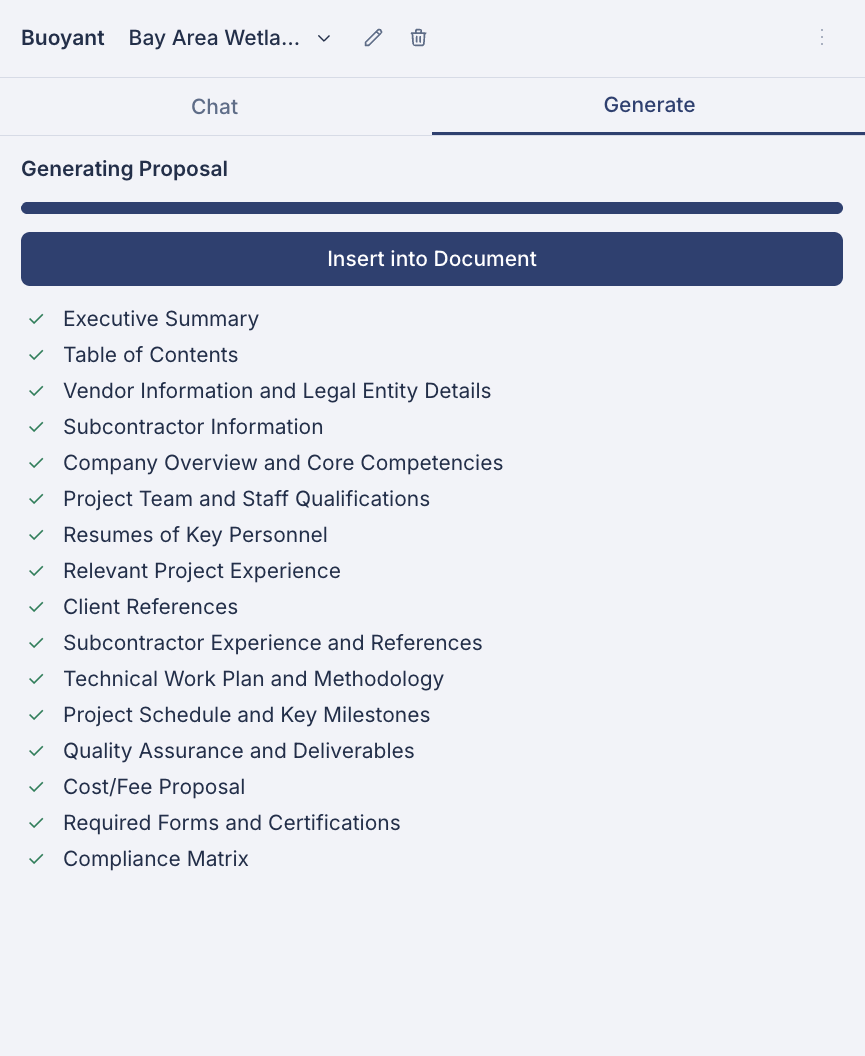 Buoyant generating a 14-section proposal from an RFP
